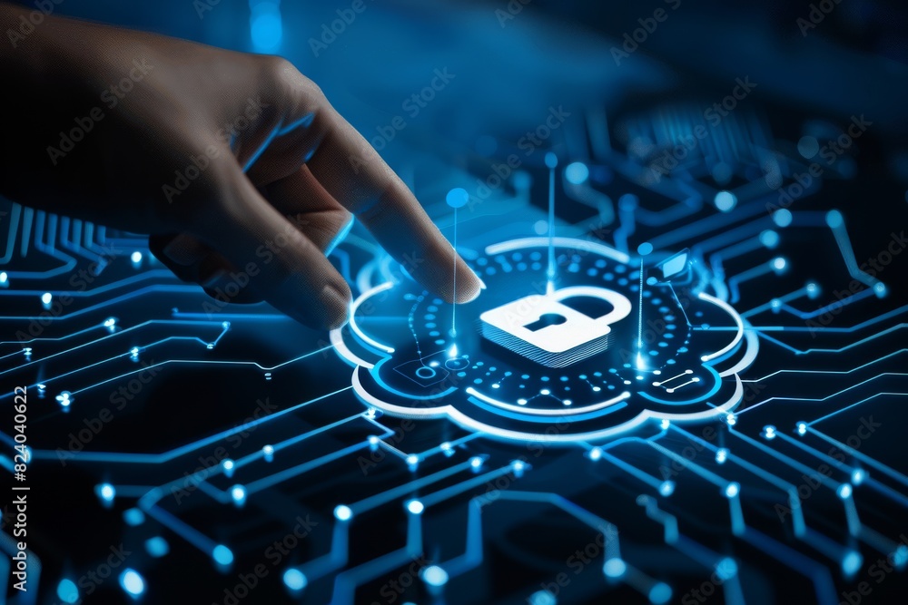 Poster hand pressing a digital lock on a circuit board, representing secure data technology and robust cybe