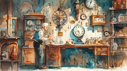 A watercolor of a maintenance technician, repairing an antique clock in a quaint, dusty old shop filled with fascinating relics, Clipart isolated on white