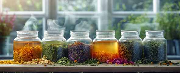 Assorted dried herbs and teas in glass jars