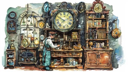 A watercolor of a maintenance technician, repairing an antique clock in a quaint, dusty old shop filled with fascinating relics, Clipart isolated on white