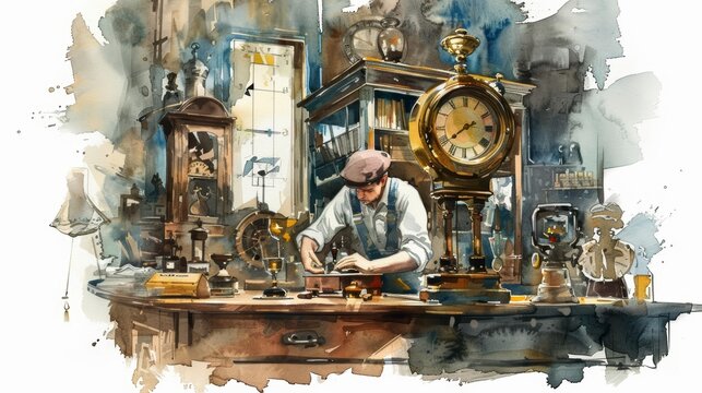 A watercolor of a maintenance technician, repairing an antique clock in a quaint, dusty old shop filled with fascinating relics, Clipart isolated on white