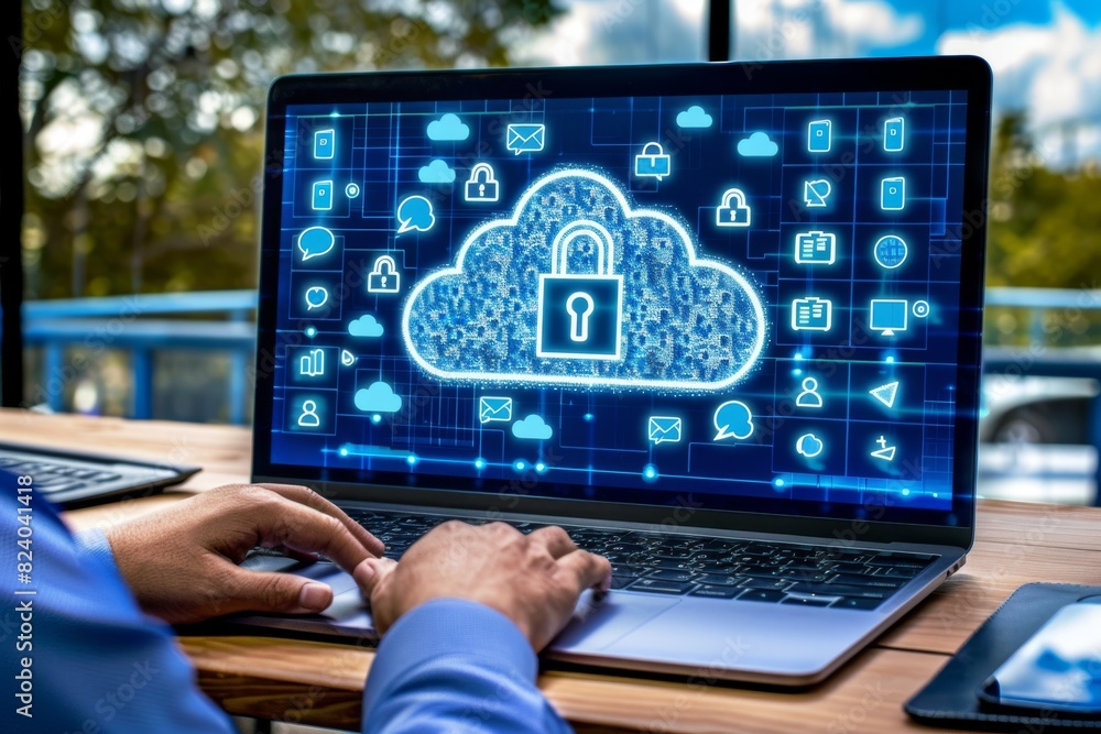 Poster hands working on a laptop with a digital cloud lock screen, showcasing secure cloud technology and d