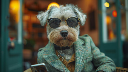 Dog in a human figure dressed in a green blazer, complemented by a pair of sleek black Ray-Ban sunglasses, a modern person, fashion 