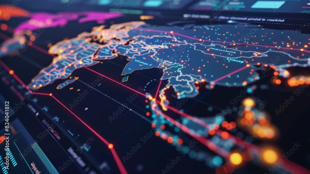 Poster a logistics dashboard with a colorcoded supply chain map showcasing data points on production delays