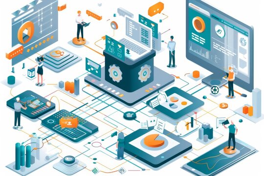 Business illustration of operational scalability in a digital marketing context, featuring automated systems and tools