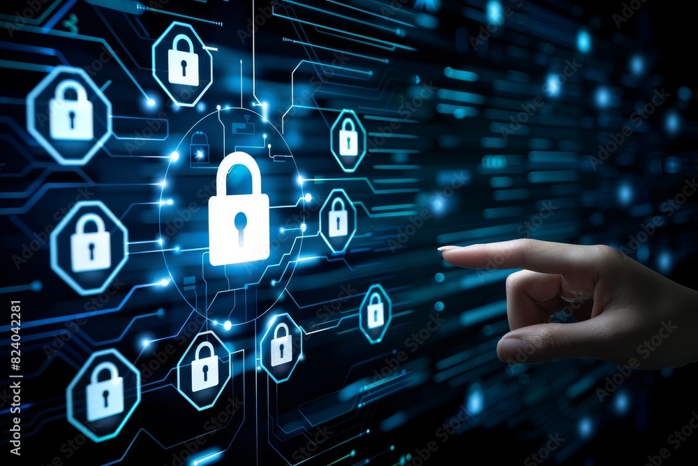 Poster hand interacting with a digital lock interface, illustrating advanced data security and cloud protec