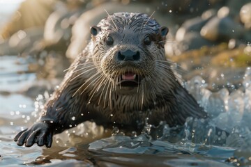 Witness the pure delight of an otter sliding playfully down the grassy riverbank into the sparkling water.