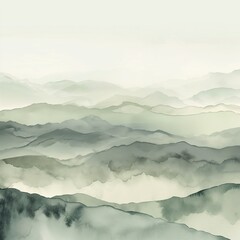 An ethereal watercolor background where soft washes of color resemble misty mountains fading into the distance, with shades of grey and pale green.