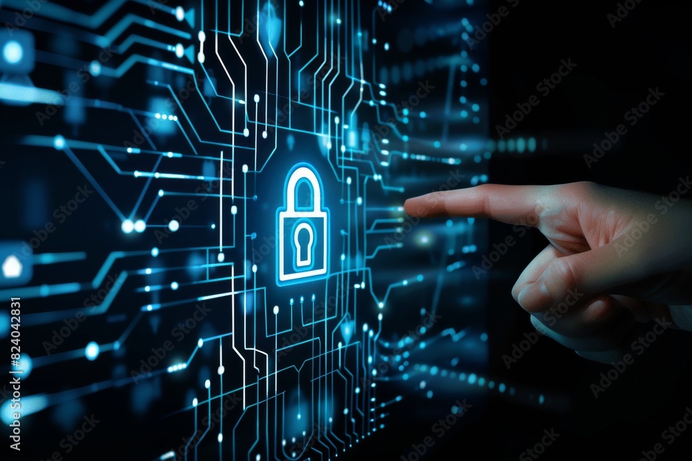 Poster finger pointing at a digital lock on a vertical circuit, representing secure data technology and clo