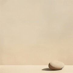 An expanse of sandy beige, with a singular, smooth stone placed in the lower right corner, its shadow elongating across the minimalist background, a study in balance and tranquility.