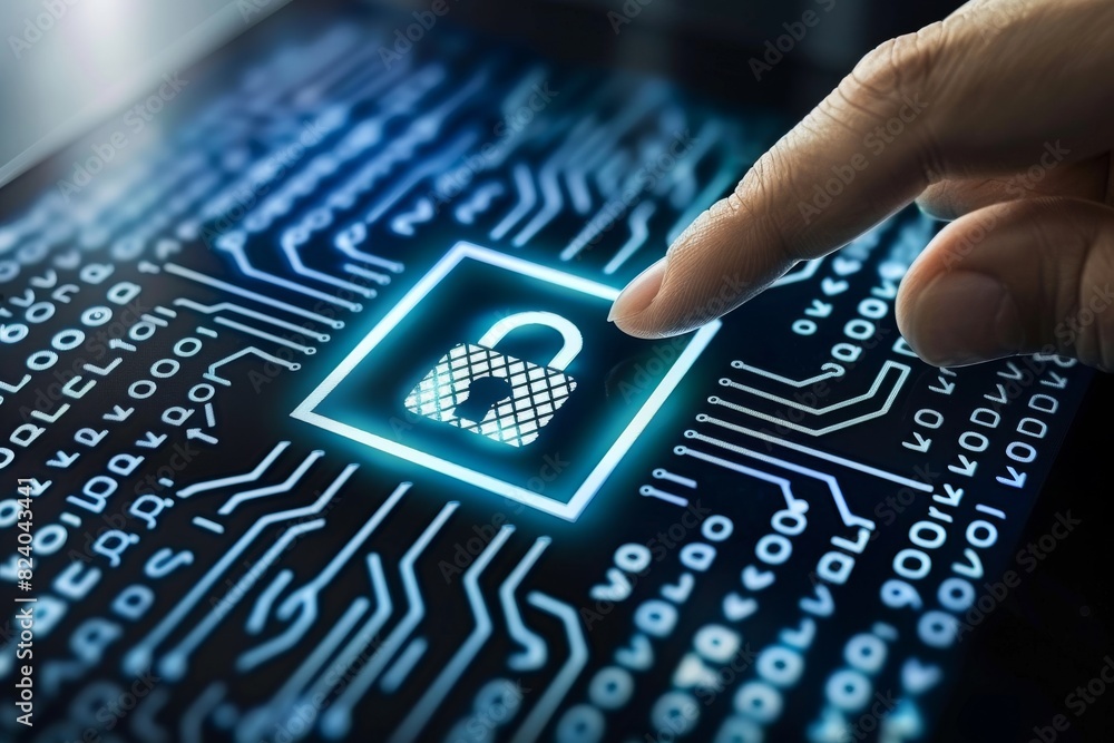 Poster finger pressing a digital lock on a circuit board, representing advanced data security and robust cl