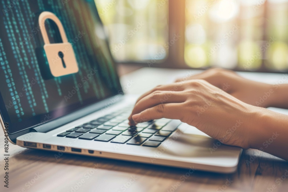 Poster hands typing on a laptop with a digital lock screen, showcasing secure data technology and cloud sec