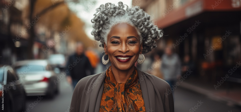 Wall mural Attractive smiling white haired black mature woman posing in a city street looking at the camera