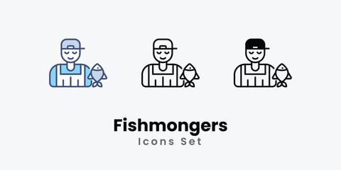 Fishmongers Icons set thin line and glyph vector icon illustration
