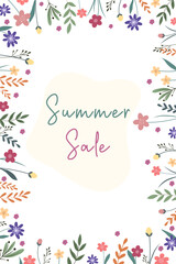 Cute hand drawn summer sale frame. Poster template with discount promotion and special offer with abstract daisy, tulips, herbs, leaves on twigs and branches. Vector illustration banner concept