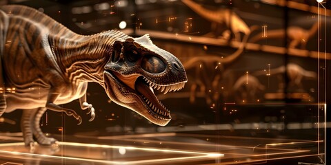 Highresolution lifelike dinosaur hologram projection for immersive Jurassic experience captured in 8K. Concept Dinosaur Hologram, Immersive Experience, 8K Resolution, Lifelike Projection