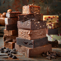 A stack of delicious looking chocolate fudge in a variety of flavors