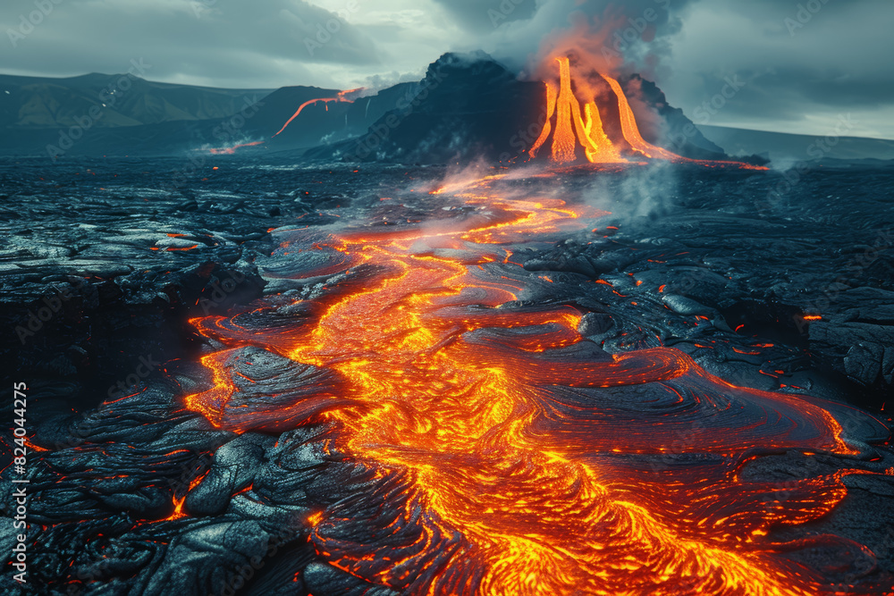 Wall mural The otherworldly splendor of a volcanic landscape, where rivers of molten lava flow like fiery ribbons through a barren expanse of ash and rock. Concept of primordial power. Generative Ai. - Wall murals