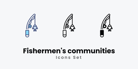 Fishermen's communities Icons set thin line and glyph vector icon illustration