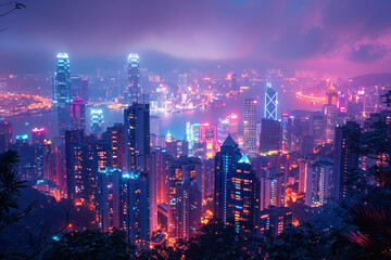 A vibrant cityscape aglow with the neon lights of bustling streets, where skyscrapers reach towards the heavens like glittering sentinels of progress. Concept of urban vitality. Generative Ai.
