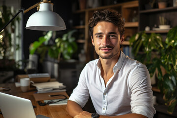 Fototapeta premium young man studying in front of his laptop in his office, wearing a shirt and smiling
