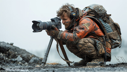 Fototapeta premium Wildlife photographer lying on ground for shots
