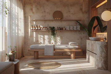 A serene spa salon with elegant decor offering relaxing treatments and rejuvenation in a peaceful setting