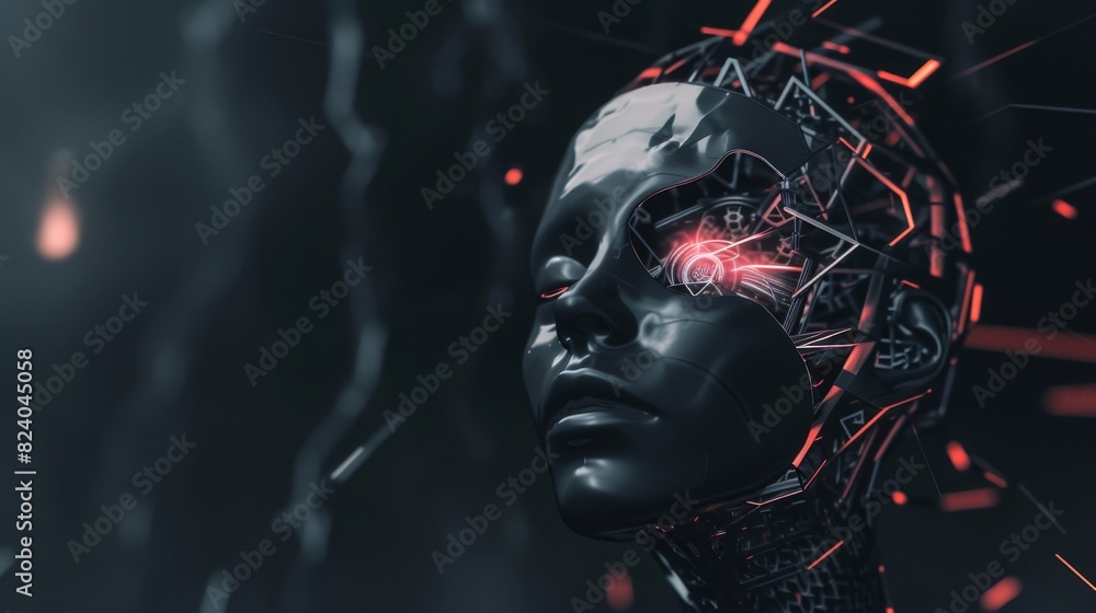 Poster a digital art concept of an ai neural network with a humanoid head silhouette filled with red illumi