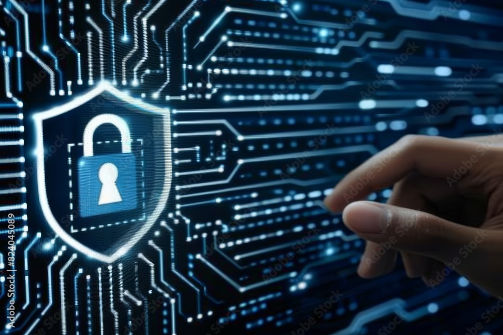 Aufkleber hand touching a digital lock shield, symbolizing comprehensive data protection and advanced cybersec