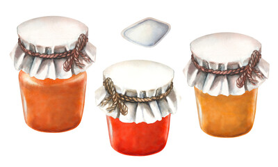 Apricot orange jam in a closed glass jar with a paper lid tied with a rope. Watercolor illustration for design templates of sweet harvest, summer fruits, juices, canned food, marmalade and sweets