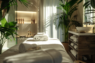 A serene spa salon with elegant decor offering relaxing treatments and rejuvenation in a peaceful setting