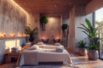 A serene spa salon with elegant decor offering relaxing treatments and rejuvenation in a peaceful setting