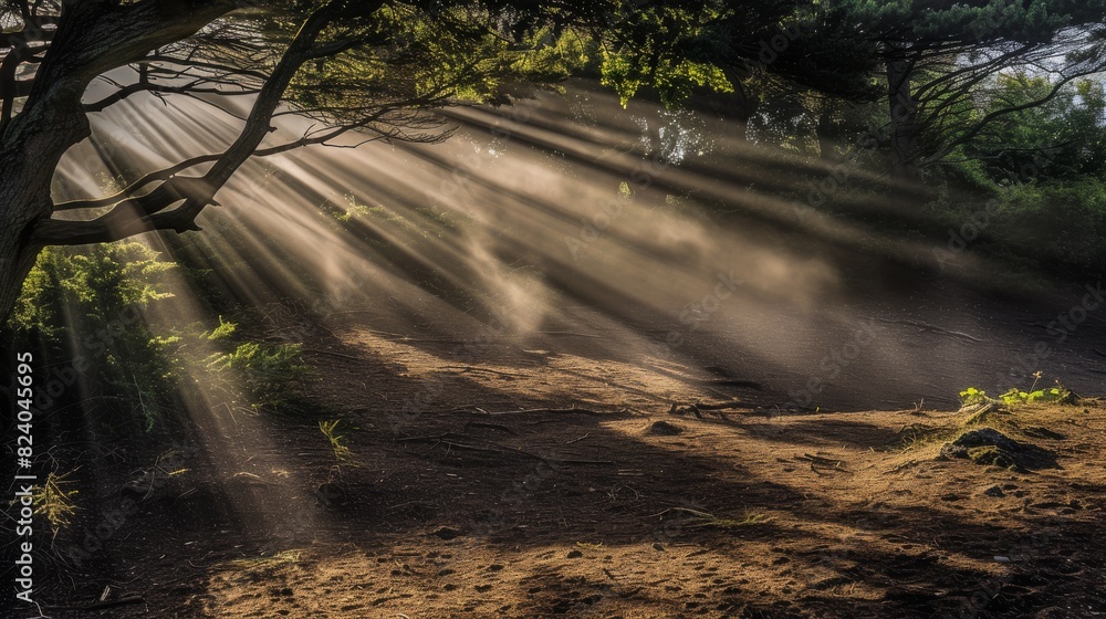 Poster sunlight streams through a dense forest, casting rays over the textured ground in a tranquil display