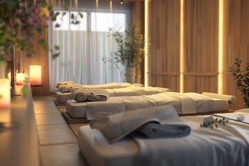 Obraz premium A serene spa salon with elegant decor offering relaxing treatments and rejuvenation in a peaceful setting