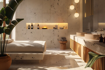 A serene spa salon with elegant decor offering relaxing treatments and rejuvenation in a peaceful setting