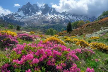 The breathtaking grandeur of a mountain pass, where rugged peaks soar into the sky amidst a tapestry of alpine flora. Concept of highland majesty. Generative Ai.