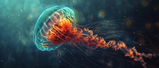 In the mysterious depths of the ocean, a jellyfish glowed with neon hues, floating gracefully like an otherworldly beacon