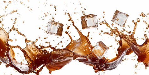 Falling ice cubes into coffee, splash of brown liquid and cream isolated on white background with clipping path