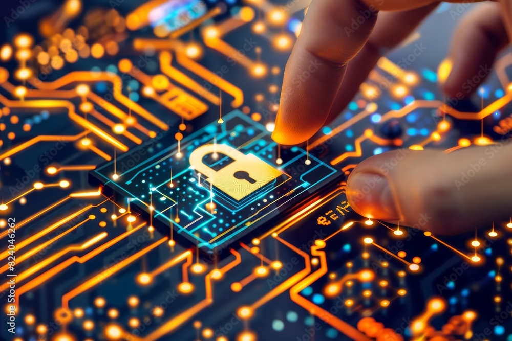 Poster finger pressing a digital lock on a circuit board, representing secure cloud technology and advanced