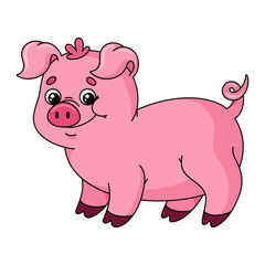 Big pink pig in cartoon style. Cute swine. Colored funny farm animal. Vector colorful illustration isolated on white background.