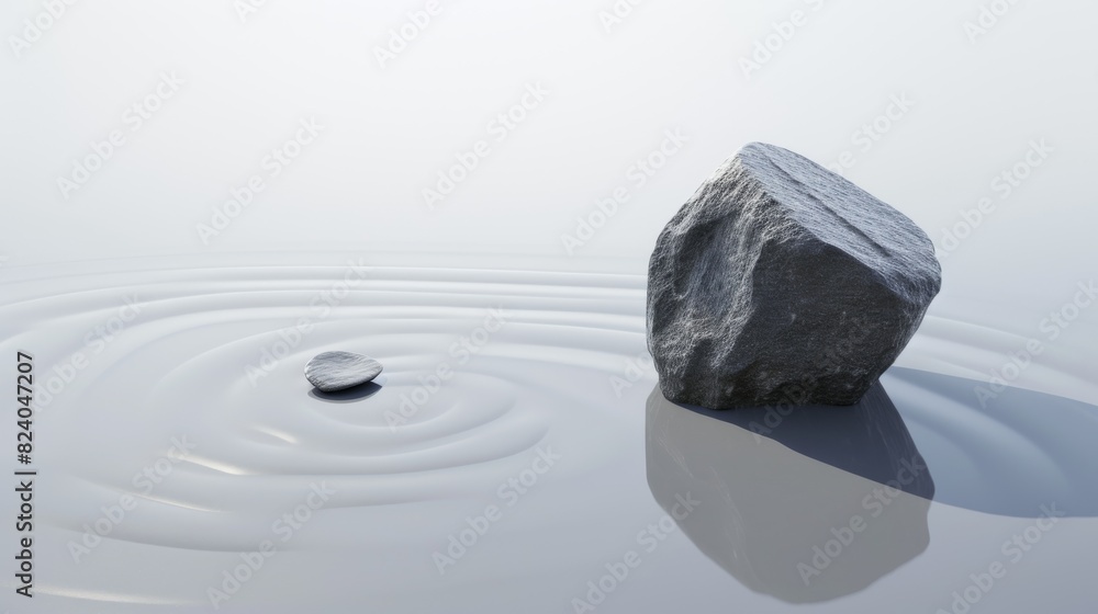 Poster a large rock and a small pebble create concentric ripples in calm water under a gradient white sky.
