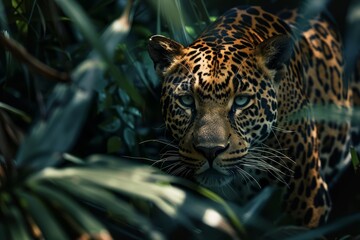 Obraz premium The sleek leopard moved silently through the dense jungle, a vision of raw power and unparalleled grace in the dappled sunlight