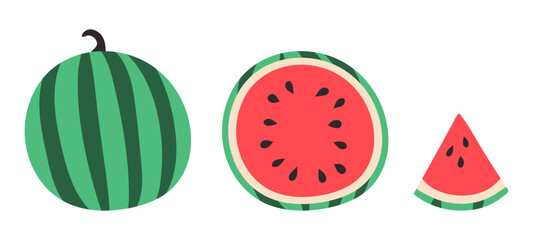 Watermelon, half and triangular piece. Set of summer red striped fruit with seeds. Healthy vegan food. Collection of different types of sweet ripe berries. Doodle style. Isolated. Vector illustration