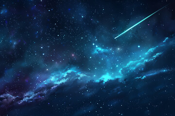 A spectacular shooting star streaks across a night sky filled with twinkling stars and cosmic wonders
