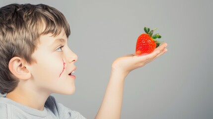 Side view of a young boy with short hair looking in awe at a ripe strawberry on his open palm against a grey background.