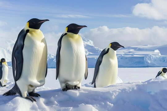 emperor penguins on ice shelf antarctica panoramic composite landscape