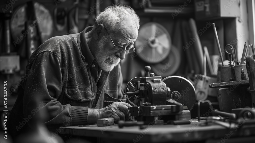 Aufkleber Man Working on Machine in Shop