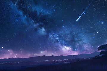 A spectacular shooting star streaks across a night sky filled with twinkling stars and cosmic wonders