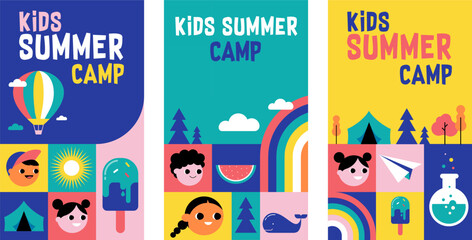 Kids Summer Camp concept design. Geometrical style colorful illustrations, icons. Banner, flyer, poster and social media template