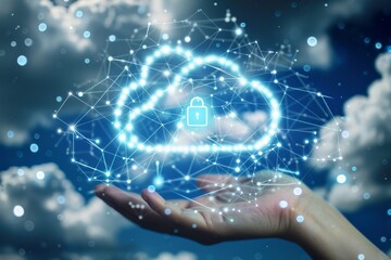 Hand presenting a digital cloud with a lock, symbolizing robust cloud security and data protection in a bright, serene sky environment.
